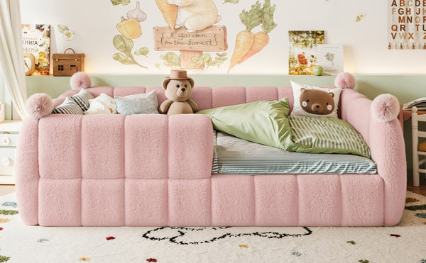 English Elm Full Montessori Floor Bed Cushioned Surround Safety Rails Teddy Fabric Kids Frame Pink W5305S00238