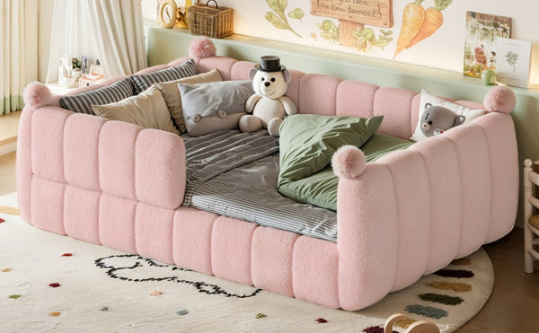 English Elm Full Montessori Floor Bed Cushioned Surround Safety Rails Teddy Fabric Kids Frame Pink W5305S00238