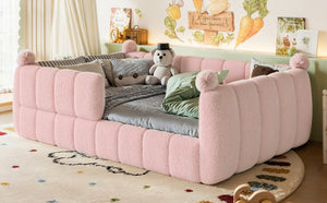 English Elm Full Montessori Floor Bed Cushioned Surround Safety Rails Teddy Fabric Kids Frame Pink W5305S00238