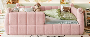 English Elm Full Montessori Floor Bed Cushioned Surround Safety Rails Teddy Fabric Kids Frame Pink W5305S00238