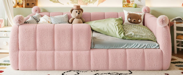 English Elm Full Montessori Floor Bed Cushioned Surround Safety Rails Teddy Fabric Kids Frame Pink W5305S00238