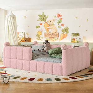 English Elm Full Montessori Floor Bed Cushioned Surround Safety Rails Teddy Fabric Kids Frame Pink W5305S00238