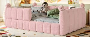English Elm Full Montessori Floor Bed Cushioned Surround Safety Rails Teddy Fabric Kids Frame Pink W5305S00238