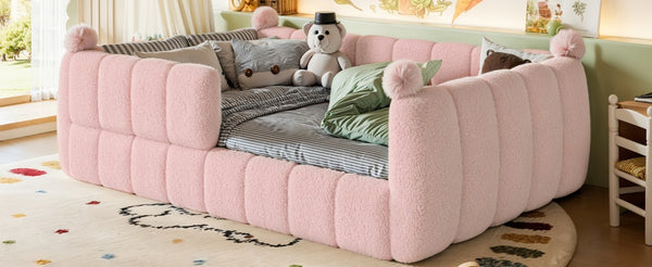 English Elm Full Montessori Floor Bed Cushioned Surround Safety Rails Teddy Fabric Kids Frame Pink W5305S00238