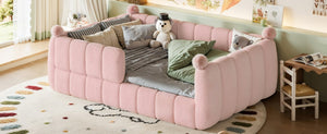 English Elm Full Montessori Floor Bed Cushioned Surround Safety Rails Teddy Fabric Kids Frame Pink W5305S00238