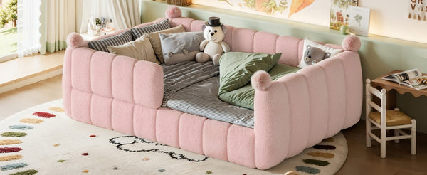 English Elm Full Montessori Floor Bed Cushioned Surround Safety Rails Teddy Fabric Kids Frame Pink W5305S00238