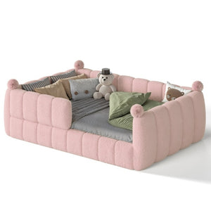 English Elm Full Montessori Floor Bed Cushioned Surround Safety Rails Teddy Fabric Kids Frame Pink W5305S00238