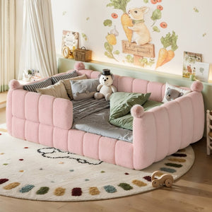 English Elm Full Montessori Floor Bed Cushioned Surround Safety Rails Teddy Fabric Kids Frame Pink W5305S00238
