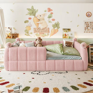 English Elm Full Montessori Floor Bed Cushioned Surround Safety Rails Teddy Fabric Kids Frame Pink W5305S00238