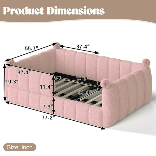 English Elm Full Montessori Floor Bed Cushioned Surround Safety Rails Teddy Fabric Kids Frame Pink W5305S00238