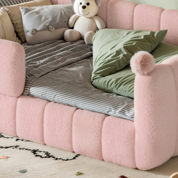 English Elm Full Montessori Floor Bed Cushioned Surround Safety Rails Teddy Fabric Kids Frame Pink W5305S00238