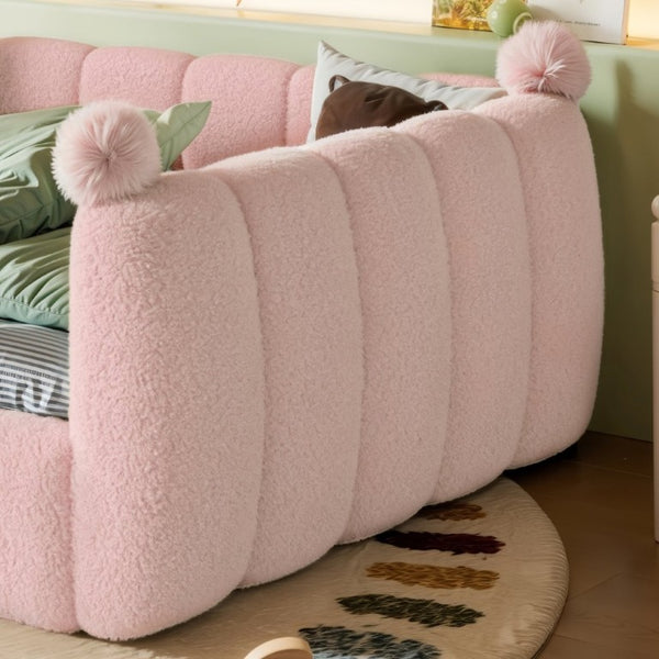 English Elm Full Montessori Floor Bed Cushioned Surround Safety Rails Teddy Fabric Kids Frame Pink W5305S00238