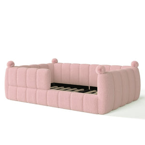 English Elm Full Montessori Floor Bed Cushioned Surround Safety Rails Teddy Fabric Kids Frame Pink W5305S00238
