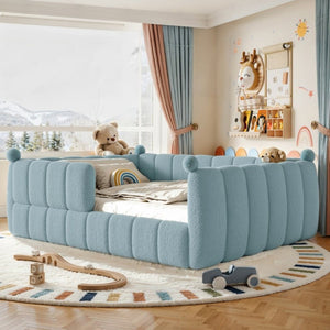 English Elm Queen Montessori Floor Bed Teddy Upholstered Surround Rails Low Profile Kids Frame Blue W5305S00239