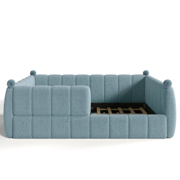 English Elm Queen Montessori Floor Bed Teddy Upholstered Surround Rails Low Profile Kids Frame Blue W5305S00239
