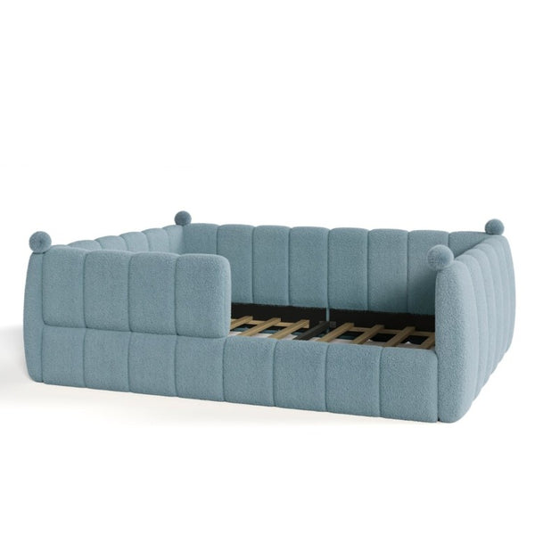 English Elm Queen Montessori Floor Bed Teddy Upholstered Surround Rails Low Profile Kids Frame Blue W5305S00239