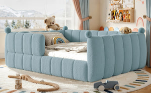 English Elm Queen Montessori Floor Bed Teddy Upholstered Surround Rails Low Profile Kids Frame Blue W5305S00239