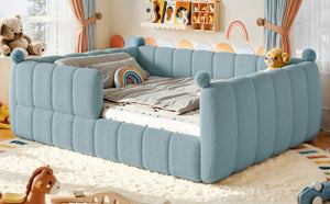 English Elm Queen Montessori Floor Bed Teddy Upholstered Surround Rails Low Profile Kids Frame Blue W5305S00239