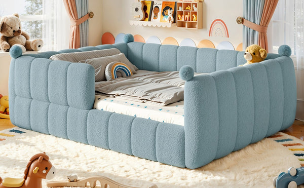 English Elm Queen Montessori Floor Bed Teddy Upholstered Surround Rails Low Profile Kids Frame Blue W5305S00239