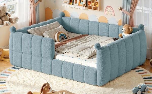 English Elm Queen Montessori Floor Bed Teddy Upholstered Surround Rails Low Profile Kids Frame Blue W5305S00239