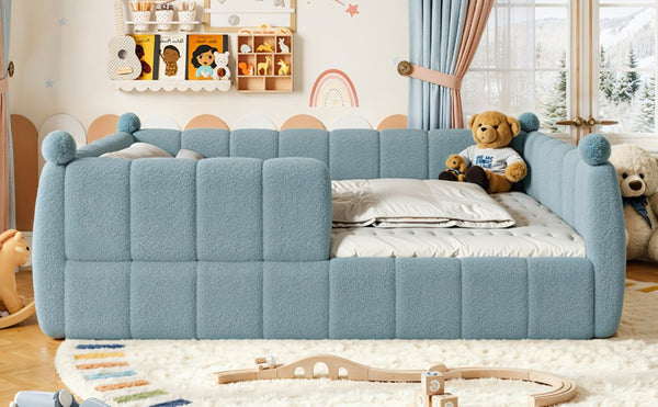 English Elm Queen Montessori Floor Bed Teddy Upholstered Surround Rails Low Profile Kids Frame Blue W5305S00239