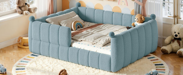 English Elm Queen Montessori Floor Bed Teddy Upholstered Surround Rails Low Profile Kids Frame Blue W5305S00239