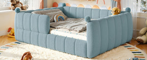 English Elm Queen Montessori Floor Bed Teddy Upholstered Surround Rails Low Profile Kids Frame Blue W5305S00239