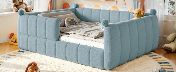 English Elm Queen Montessori Floor Bed Teddy Upholstered Surround Rails Low Profile Kids Frame Blue W5305S00239