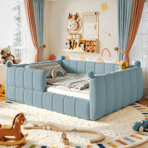 English Elm Queen Montessori Floor Bed Teddy Upholstered Surround Rails Low Profile Kids Frame Blue W5305S00239
