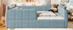 English Elm Queen Montessori Floor Bed Teddy Upholstered Surround Rails Low Profile Kids Frame Blue W5305S00239