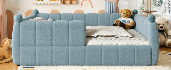 English Elm Queen Montessori Floor Bed Teddy Upholstered Surround Rails Low Profile Kids Frame Blue W5305S00239