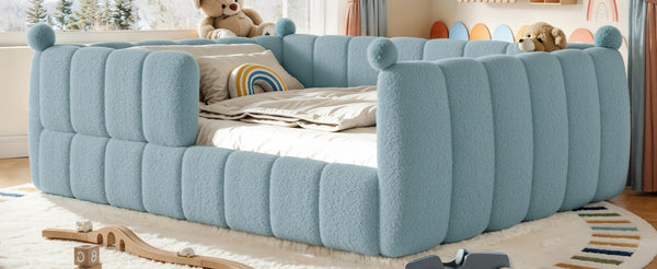 English Elm Queen Montessori Floor Bed Teddy Upholstered Surround Rails Low Profile Kids Frame Blue W5305S00239