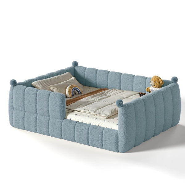 English Elm Queen Montessori Floor Bed Teddy Upholstered Surround Rails Low Profile Kids Frame Blue W5305S00239