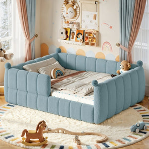 English Elm Queen Montessori Floor Bed Teddy Upholstered Surround Rails Low Profile Kids Frame Blue W5305S00239