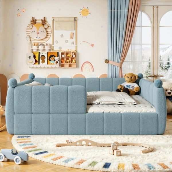 English Elm Queen Montessori Floor Bed Teddy Upholstered Surround Rails Low Profile Kids Frame Blue W5305S00239