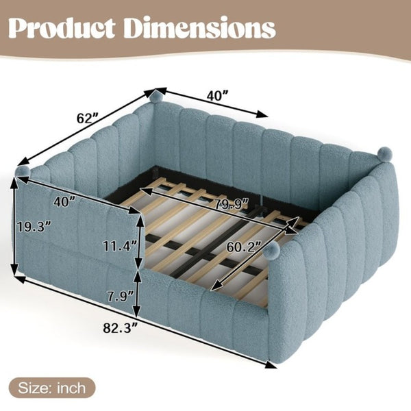 English Elm Queen Montessori Floor Bed Teddy Upholstered Surround Rails Low Profile Kids Frame Blue W5305S00239