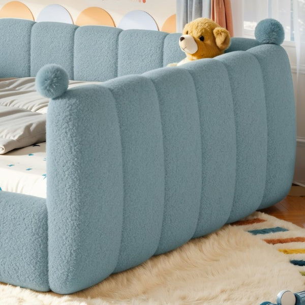 English Elm Queen Montessori Floor Bed Teddy Upholstered Surround Rails Low Profile Kids Frame Blue W5305S00239