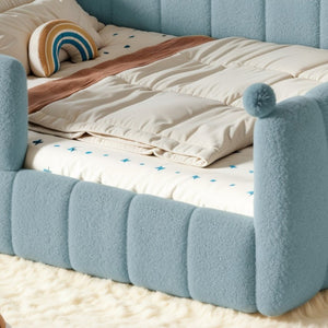 English Elm Queen Montessori Floor Bed Teddy Upholstered Surround Rails Low Profile Kids Frame Blue W5305S00239