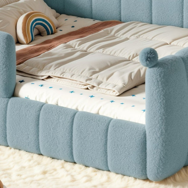 English Elm Queen Montessori Floor Bed Teddy Upholstered Surround Rails Low Profile Kids Frame Blue W5305S00239