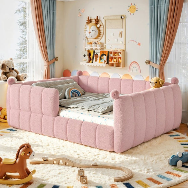 English Elm Queen Montessori Floor Bed Teddy Upholstered Surround Rails Low Profile Kids Frame Pink W5305S00240