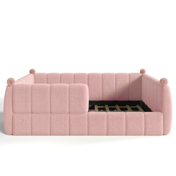 English Elm Queen Montessori Floor Bed Teddy Upholstered Surround Rails Low Profile Kids Frame Pink W5305S00240