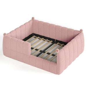 English Elm Queen Montessori Floor Bed Teddy Upholstered Surround Rails Low Profile Kids Frame Pink W5305S00240