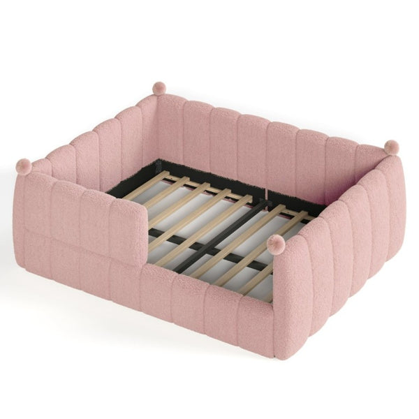 English Elm Queen Montessori Floor Bed Teddy Upholstered Surround Rails Low Profile Kids Frame Pink W5305S00240