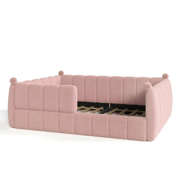 English Elm Queen Montessori Floor Bed Teddy Upholstered Surround Rails Low Profile Kids Frame Pink W5305S00240