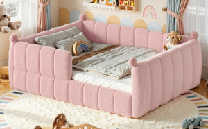 English Elm Queen Montessori Floor Bed Teddy Upholstered Surround Rails Low Profile Kids Frame Pink W5305S00240