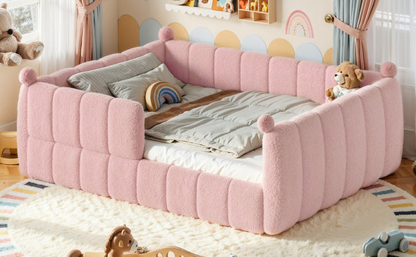 English Elm Queen Montessori Floor Bed Teddy Upholstered Surround Rails Low Profile Kids Frame Pink W5305S00240