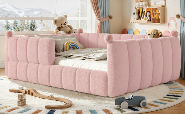 English Elm Queen Montessori Floor Bed Teddy Upholstered Surround Rails Low Profile Kids Frame Pink W5305S00240
