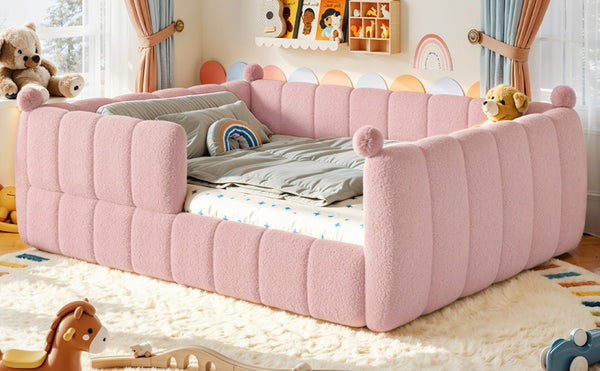 English Elm Queen Montessori Floor Bed Teddy Upholstered Surround Rails Low Profile Kids Frame Pink W5305S00240