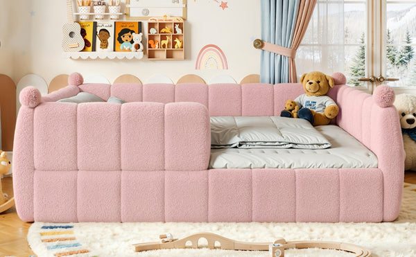 English Elm Queen Montessori Floor Bed Teddy Upholstered Surround Rails Low Profile Kids Frame Pink W5305S00240