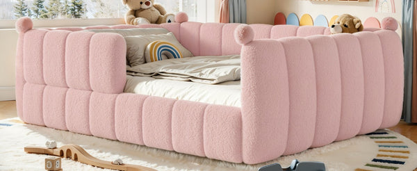 English Elm Queen Montessori Floor Bed Teddy Upholstered Surround Rails Low Profile Kids Frame Pink W5305S00240